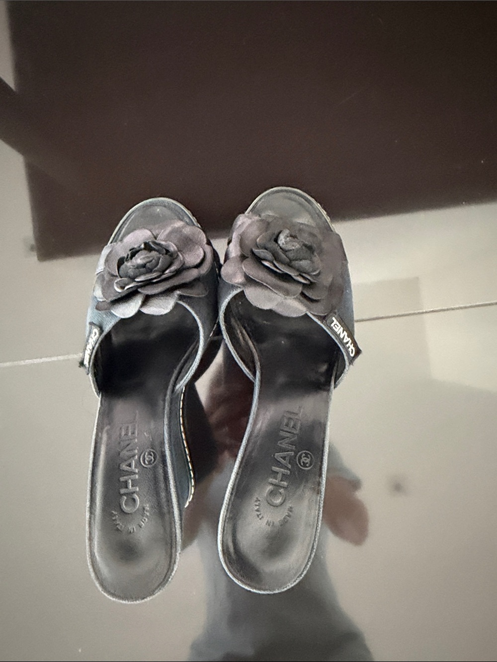 CHANEL Black Camellia Slide Mules